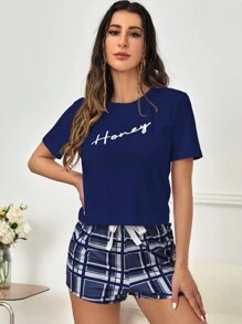 Letter Graphic Tee and Bow Detail Plaid Shorts Pyjama Set