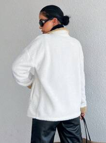 EURMUSE Contrast Trim Double Breasted Drop Shoulder Fleece Coat - Beige - View 2