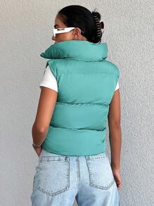 EURMUSE Zip Up Drawstring Hooded Puffer Vest Coat - Green - View 3