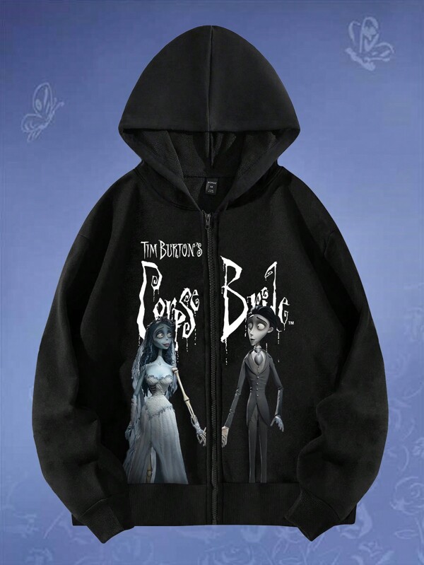 Corpse Bride ROMWE Guys Letter & Figure Graphic Zip Up Thermal Lined