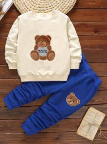 SHEIN Explorewe 男小童小熊刺繡補丁貼連帽夾克和運動褲&T恤 - 藍色 - 查看 7