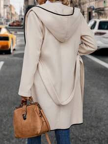 EMERY ROSE 撞色滾邊連帽腰帶花呢外套 - 杏色 - 查看 2