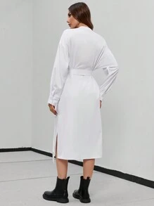 GENKIRA Flap Pocket Split Thigh Belted Shirt Dress - White - View 2