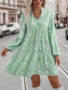 SHEIN LUNE Allover Print Tie Neck Ruffle Hem Smock Dress - Green - View 1
