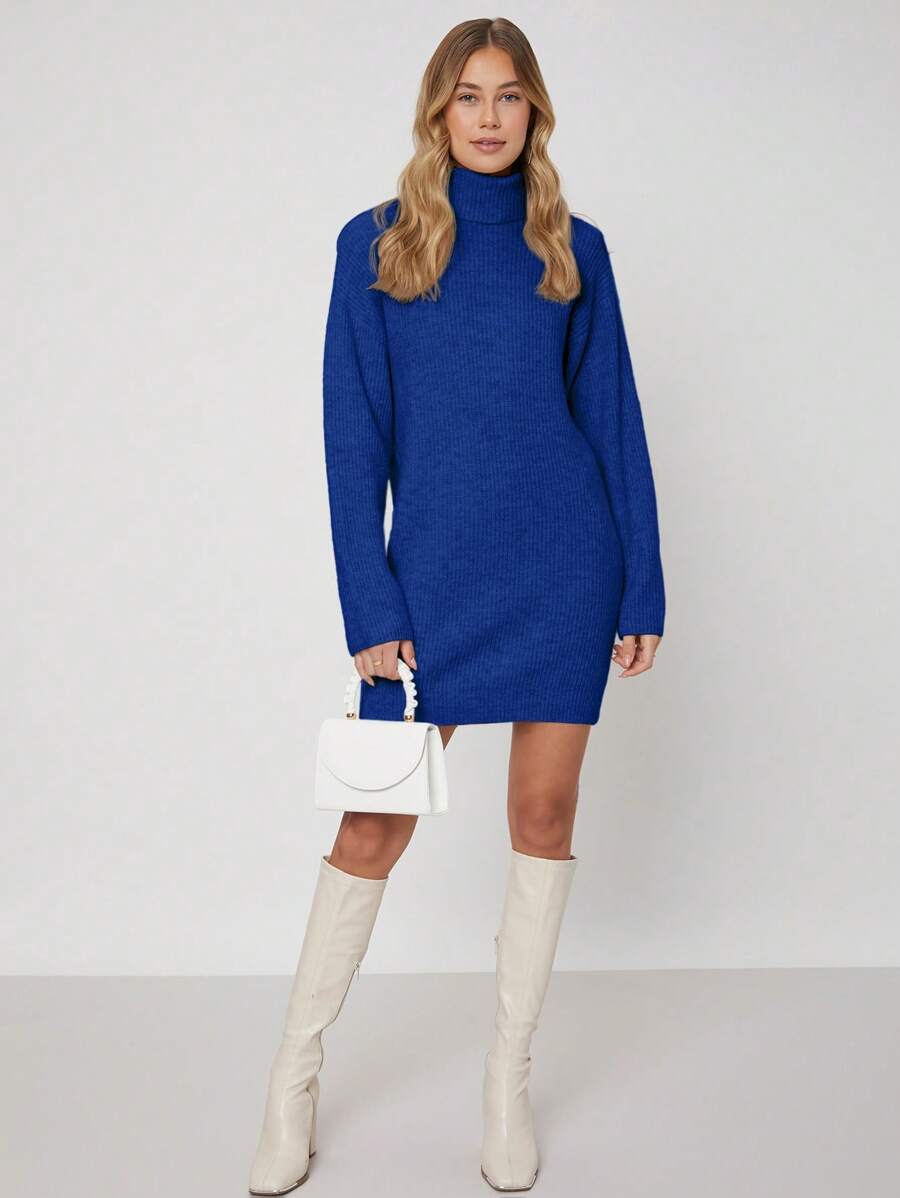 EURMUSE Solid Turtleneck Drop Shoulder Sweater Dress - Royal Blue - View 1
