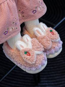 Girls' Cute Bow Knot Winter Indoor House Shoes With Heel Cover - Pink - View 2