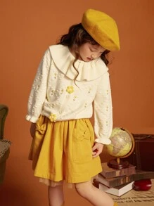 Tween Girl Floral Embroidery Peter Pan Collar Button Front Cardigan - Beige - View 2
