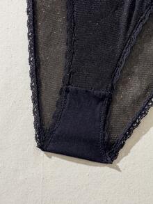 SHEIN Lace Trim Mesh Underwire Lingerie Set - Black - View 4