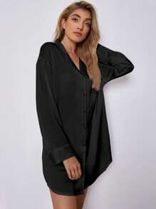 落肩翻领缎面睡衣连衣裙 Luxeloungewear，秋季，冬季，宽松睡衣