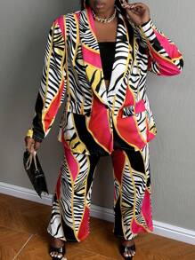 Slaydiva Plus Zebra Striped & Chain Print Blazer & Flare Leg Pants - Multicolor - View 1