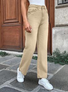 Solid Straight Leg Jeans - Apricot - View 3
