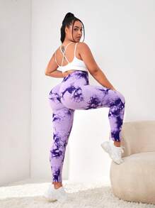Easithlete Hơn Nhuộm buộc Kiểm soát bụng Quần Xà cạp thể thao - Màu tím - Xem 1