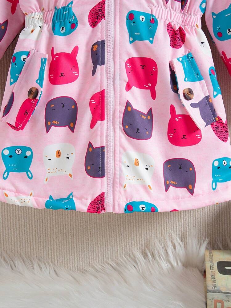 Young Girl Cartoon Graphic Fuzzy Trim Hooded Thermal Lined Parka Coat Without Sweater