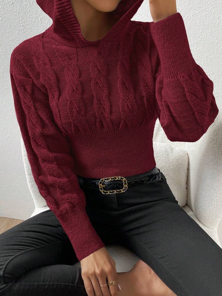 Cable Knit Drop Shoulder Hooded Sweater For New Year Knit Pullover Fall Winter Sweater