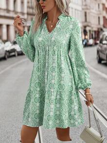 SHEIN LUNE Allover Print Tie Neck Ruffle Hem Smock Dress - Green - View 3