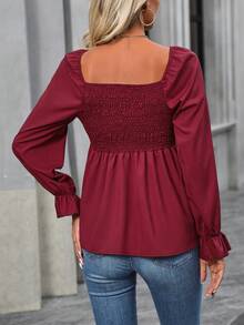 Chiquease Sweetheart Neck Knot Front Peplum Blouse - Burgundy - View 2