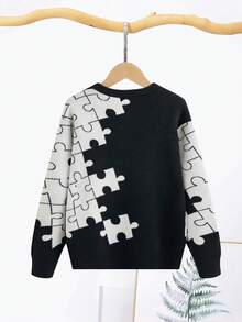 SHEIN Tween Boy Cartoon Pattern Two Tone Sweater - Black - View 2