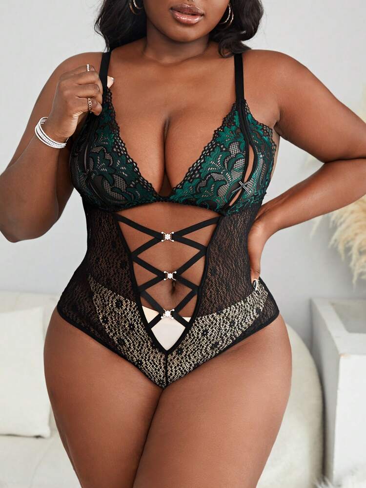 Plus Floral Lace Crisscross Front Teddy Bodysuit