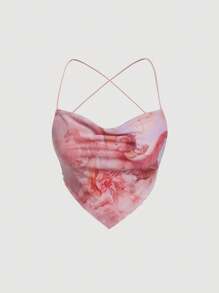 SHEIN MOD 人物印花垂領頭巾下擺吊帶上衣 - 粉色 - 查看 1