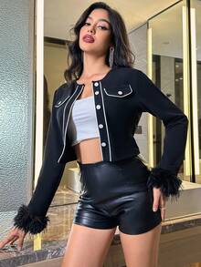 Chiquease Fuzzy Cổ tay áo Nút phía trước Áo Jacket Crop - màu đen - Xem 5