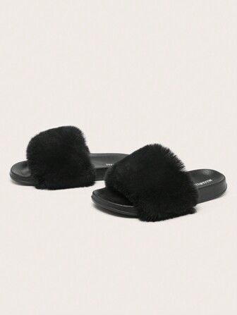 Women's Fluffy Slippers For Indoor/Outdoor Wear, Casual Home/Daily Use, Fuzzy Black Color