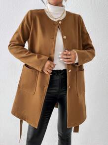 SHEIN Privé Mock Neck Belted Overcoat - Apricot - View 3