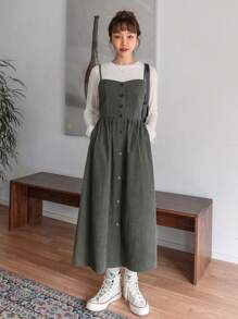 DAZY 斜口袋前紐扣燈芯絨吊帶洋裝不帶T恤 - 綠色 - 查看 3