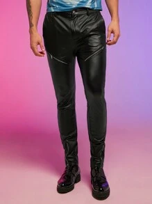 FeverCity Men Solid PU Leather Pants - Black - View 1