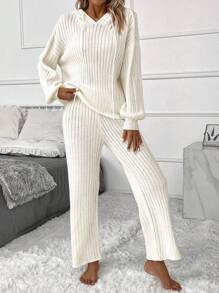 SHEIN LUNE 落肩袖抽繩連帽套頭毛衣和針織褲 - 杏色 - 查看 6