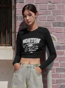 DAZY Letter Graphic Crop Tee - Black - View 1