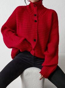 SHEIN Essnce Ribbed Knit Batwing Sleeve Cardigan - Red - View 1