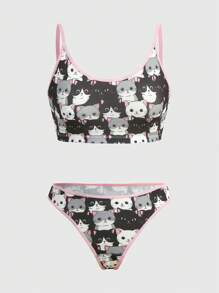 ROMWE Kawaii 卡通圖案撞色滾邊內衣套裝 - 彩色 - 查看 1