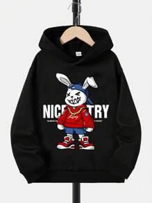 Teen Boy Rabbit & Slogan Graphic Drop Shoulder Sweatshirt - Black - View 1