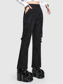 ROMWE Grunge Punk Solid Grommet Eyelet Flare Leg Pants - Black - View 5