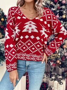 SHEIN LUNE Christmas Geo Pattern Twist Back Drop Shoulder Sweater Knit Pullover Fall Winter Outfit