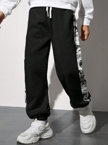 SHEIN Tween Boy Letter Graphic Contrast Side Seam Drawstring Waist Sweatpants