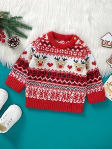 Baby Girl Christmas Elk & Heart Pattern Sweater - Red - View 3