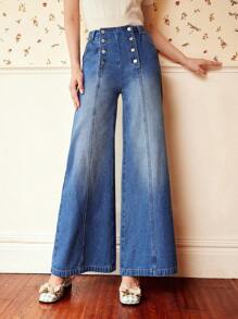 Vintamour High Waist Button Fly Wide Leg Jeans - Dark Wash - View 1