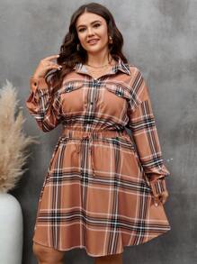 SHEIN LUNE Hơn In kẻ sọc Thả vai Dây thắt lưng Váy sơ mi - Nhiều màu - Xem 5