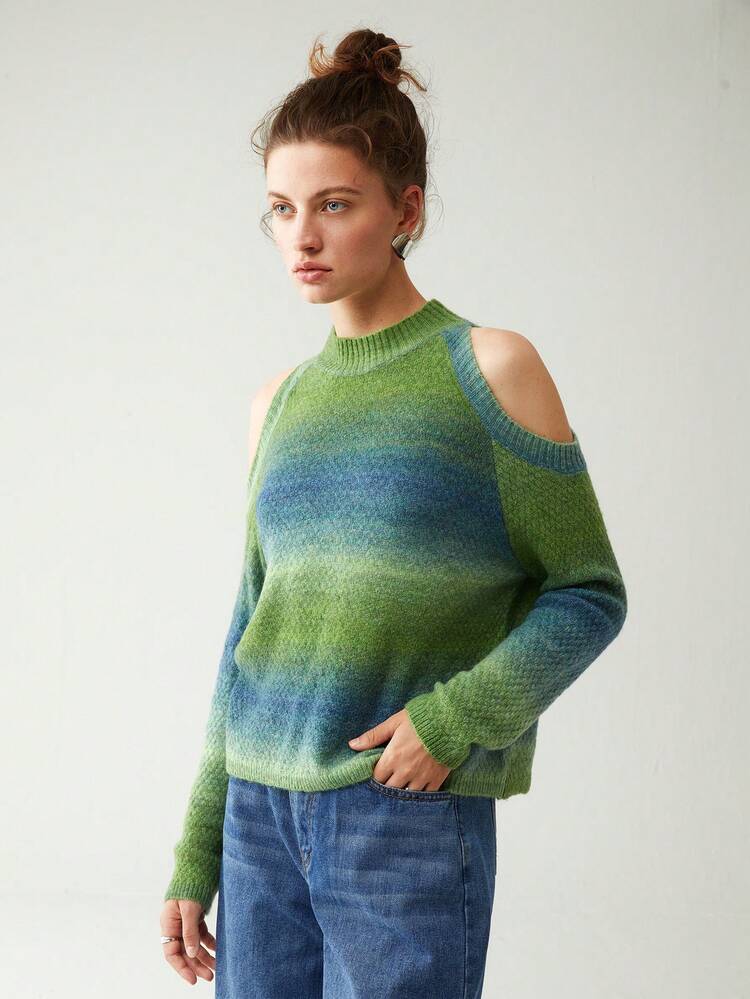 Ombre Cold Shoulder Knit Pullover Fall Winter Sweater