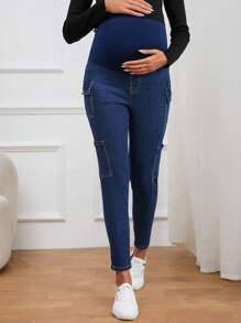 SHEIN Thai sản Thắt lưng băng rộng Túi nắp bên cạnh Quần jean chở hàng - Rửa trung bình - Xem 4