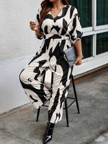 Calvaya Hơn In Đồ họa Áo liền quần ống rộng - Màu be - Xem 6