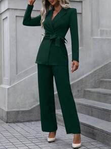 SHEIN Clasi Solid Belted Blazer & Pants - Dark Green - View 4