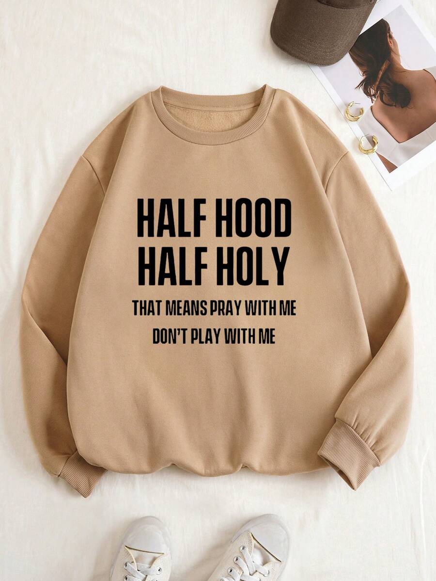 INAWLY Áo nỉ lót giữ nhiệt in hình khẩu hiệu, thích hợp mặc vào mùa đông, thu và thu. - Màu Khaki - Xem 1
