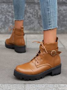 Mocha Brown Motorcycle Boots With Mid Heel, Student's Personalized Metal Buckle Women's Fashionable Boots - Mocha Brown - View 2