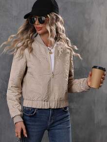 SHEIN Frenchy Zip Up Quilted Bomber Jacket - Apricot - View 6