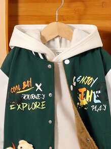 SHEIN Tween Boy Slogan Graphic Bear Decor Thermal Lined Varsity Jacket Without Hoodie - Green - View 5