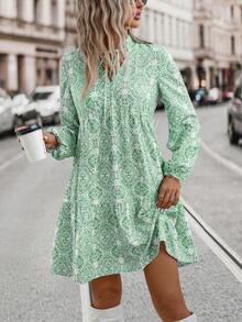 SHEIN LUNE Allover Print Tie Neck Ruffle Hem Smock Dress - Green - View 5