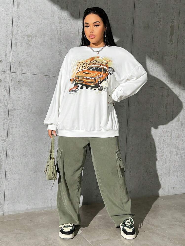 SHEIN EZwear 大碼汽車和字母圖案落肩袖運動衫 - 白色 - 查看 2
