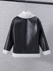 SHEIN Teenager Jungen Mantel aus PU Leder mit Buchstabenaufnäher und Teddyfutter ohne Pullover